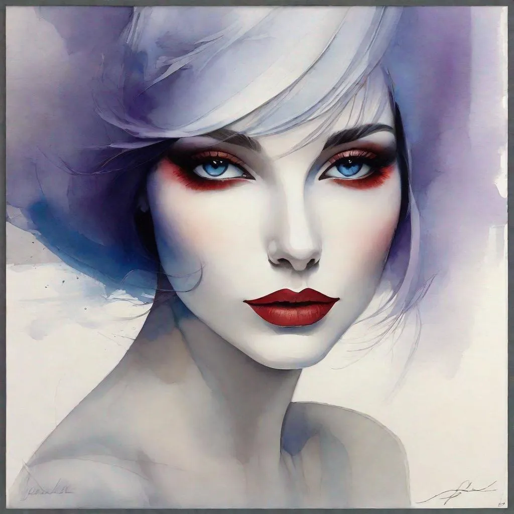 Prompt: Wide cat's eyes,  A minimalist gouache art piece fashioned in the style of Loish Anne Bachelier,  pencil & ink sketch, a very beautiful and delicate woman's face, eye-shadow , short hair, Lavender, slate, and blue, red lips, essence of bold and clean lines revealed, stark elements, refined simplicity, volumetric shadows, digital painting, UHD