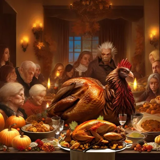 Prompt: Digital art of an angry looking turkey in front of a large family eating thanksgiving dinner. warm, sad, 
