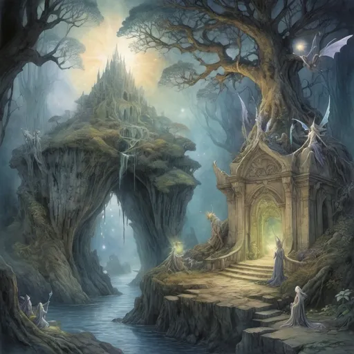 Prompt: Mystical dream realm, celestial landscapes, floating islands, ancient ruins, magical forests, ethereal beings, glowing crystals, mythical creatures, cosmic skies, heroic figures, epic quests, vibrant and surreal colors, intricate details, fantasy art style, enchanting lighting, high resolution, imaginative and otherworldly, by Brian Froud and Alan Lee, DeviantArt.
