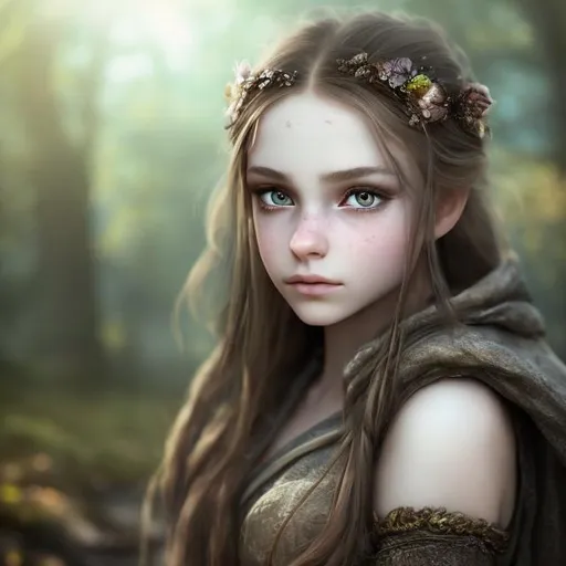 Prompt: There is a fantasy young woman/girl, beautiful, with a piercing gaze, she has a cold and distant, almost dreamy look, a little distainful, she has striking hazel-green eyes and light brown hair. she is dressed in a fantasy common traveler's outfit. small eyes, small lips, no makeup. photorealistic.