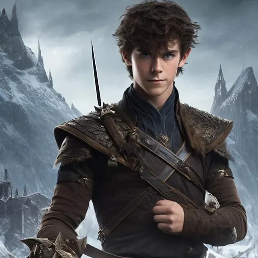 Prompt: There is a fantasy young man, handsome, with a square, masculine jaw, and he looks a bit mischievous but also mature, with a twinkle in his eyes, he has sharp, piercing blue eyes and dark hair. He is dressed in a fantasy common traveler's outfit. 
