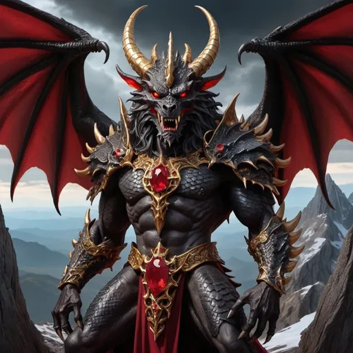 Prompt: Enormous humanoid figure, dragon scales, dragon head, black wings filling the sky, red and gold glistening eyes, evil aura, two large horns, ruby ring, scepter with werewolf skull, mountainous throne on Mount Ethrynok, epic fantasy portrait, storybook style, detailed and intricate design, dark and dramatic lighting, vibrant reds and golds, ominous atmosphere. 