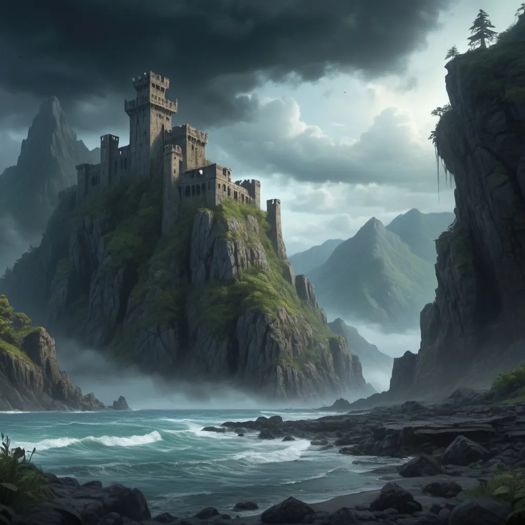 Prompt: Majestic mountains shrouded in mist, towering beyond the sea, ancient roads winding through rugged terrain, Exiled King's fortress atop a cliff, Outlaw Lord's camp in a hidden valley, eerie whispers in the air, Lovecraftian horrors lurking in shadows, dark ambiance with a glimmer of hope, summer sky with a hint of impending storm, the song of Lorrelai echoing through the landscape, intricate details in ruins and vegetation, HDR enhancing colors and contrasts, 4k resolution for immersive experience, award-winning masterpiece capturing the essence of epic romance and cosmic horror. 