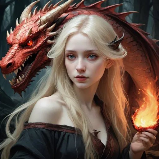 Prompt: Beautiful serene girl, pale skin, dark eyes, long flowing blonde hair, dragon's face, red eye, black and red scales, fangs, fire, split screen, epic, romantic, fantasy, ethereal, digital painting, oil on canvas, detailed features, intense expressions, magical ambiance, contrasting emotions, mystical lighting, by a blend of Brian Froud and Yoshitaka Amano, Artstation.