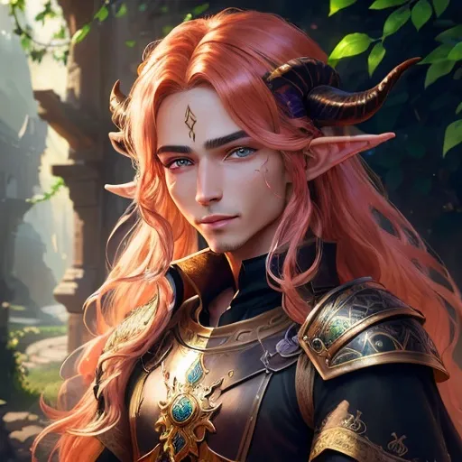 Prompt: ink painting, D&D fantasy, tanned-skinned-human male, tanned-skinned-male, ((handsome detailed face and  eyes)) Paladin, perfect rugged face, long bright red hair, small elf ears, (small short black goat horns) and with vibrant green eyes and a slight grin looking at the viewer, wearing intricate magical plate mail, in a forest, intricate hyper detailed hair, intricate hyper detailed eyelashes, intricate hyper detailed shining pupils #3238, UHD, hd , 8k eyes, detailed face, big anime dreamy eyes, 8k eyes, intricate details, insanely detailed, masterpiece, cinematic lighting, 8k, complementary colors, golden ratio, octane render, volumetric lighting, unreal 5, artwork, concept art, cover, top model, light on hair colorful glamourous hyperdetailed medieval city background, intricate hyperdetailed breathtaking colorful glamorous scenic view landscape, ultra-fine details, hyper-focused, deep colors, dramatic lighting, ambient lighting god rays, | by sakimi chan, artgerm, wlop, pixiv, tumblr, instagram, deviantart