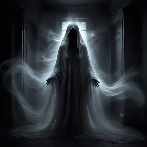 Prompt: Ethereal spectre in a haunting melody, ghostly figure, mysterious aura, dark and enigmatic, spectral whispers, ethereal essence, ghostly apparition, spectral mist, hidden secrets, haunting presence, cryptic shadows, enigmatic entity, spectral glow, ghostly figure in the dark, surreal atmosphere, spiritual resonance, enigmatic lyrics, haunting song inspiration, deep emotions, digital art, dark and moody color palette, dramatic lighting, mysterious and ghostly vibe. 