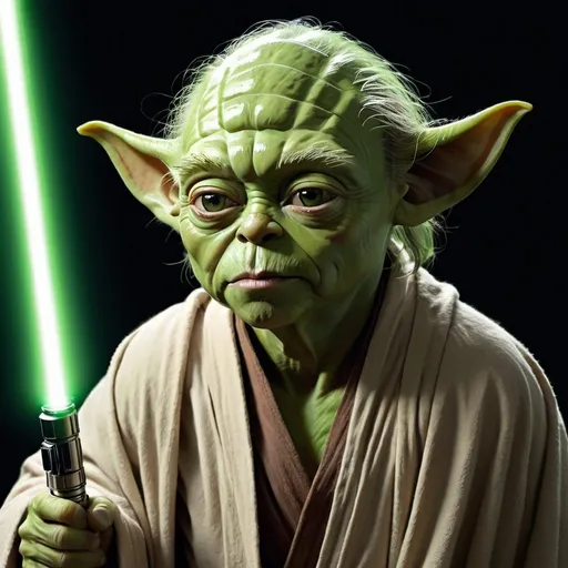 Prompt: Majestic fusion, Brad Pitt's face, Yoda's iconic green skin, wise expression, Jedi robe, lightsaber, blending features seamlessly, realistic portrayal, detailed wrinkles, celebrity portrait, digital art, high resolution, cinematic lighting, shadows for depth, subtle color palette, Star Wars tribute. 