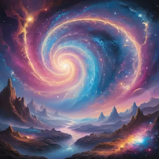 Prompt: A mesmerizing cosmic odyssey unfolds, featuring a celestial vista teeming with ethereal entities and interconnected spirits. The scene is a symphony of swirling galaxies and radiant star clusters, enveloped in a mystical aura that transcends reality. Vibrant nebulae paint the cosmic canvas with hues of cosmic blues, purples, pinks, and golds, creating a surreal atmosphere of cosmic harmony. Ethereal beings traverse this cosmic landscape, resonating with profound emotional connections and weaving a tale of interconnected souls. Futuristic elements subtly enhance the scene, adding a touch of otherworldly charm to the intricate details. Mesmerizing light effects dance across the composition, illuminating glowing celestial bodies and enhancing the storytelling with a cosmic lighting scheme. This digital masterpiece is crafted with high-resolution precision, showcasing the artistry of a cosmic journey through the boundless wonders of the universe. 