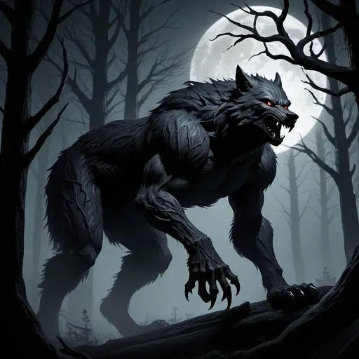 Prompt: Under the pale moonlight, a scene unfolds in the deep, dense forest. A massive werewolf, towering and fearsome, its fur a blend of midnight black and silver, eyes glowing with an eerie intensity. The creature's claws are sharp as obsidian, its howl echoing through the trees. Envision the moon casting long shadows, illuminating the creature's silhouette against the twisted branches.

Keywords Prompt Area:
Dark fantasy, werewolf, moonlit forest, ominous atmosphere, towering and fearsome, midnight black fur, silver accents, glowing eyes, sharp obsidian claws, haunting howl, eerie intensity, deep, dense forest, pale moonlight, twisted branches, long shadows, ominous silhouette.