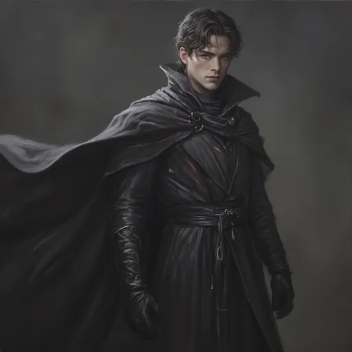 Prompt: Main Character (young wizard), (beautiful portrait oil painting), light skin, sharp features, (sharp eyes), (defined sharp jawline), dark hair (medium to long length), wearing all dark colors, flowing cloak billowing behind him, gloves, (epic fantasy atmosphere), intricate details in fabric and texture, dramatic lighting casting shadows, ultra-detailed, evocative mood, handsome.