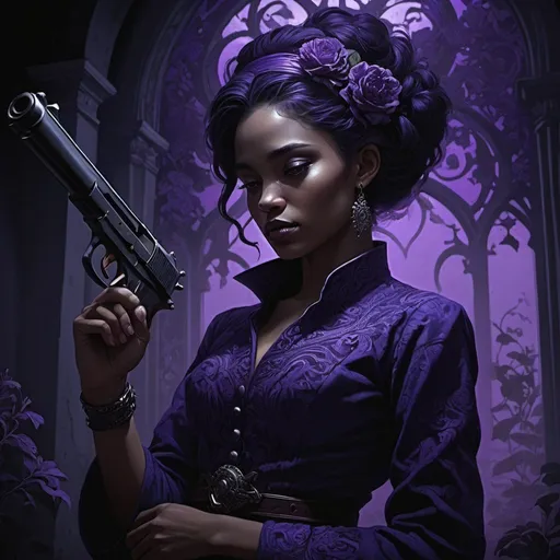 Prompt: Gunshy, evocative storytelling, digital art, intricate details, deep blues, purples, blacks, dramatic lighting.