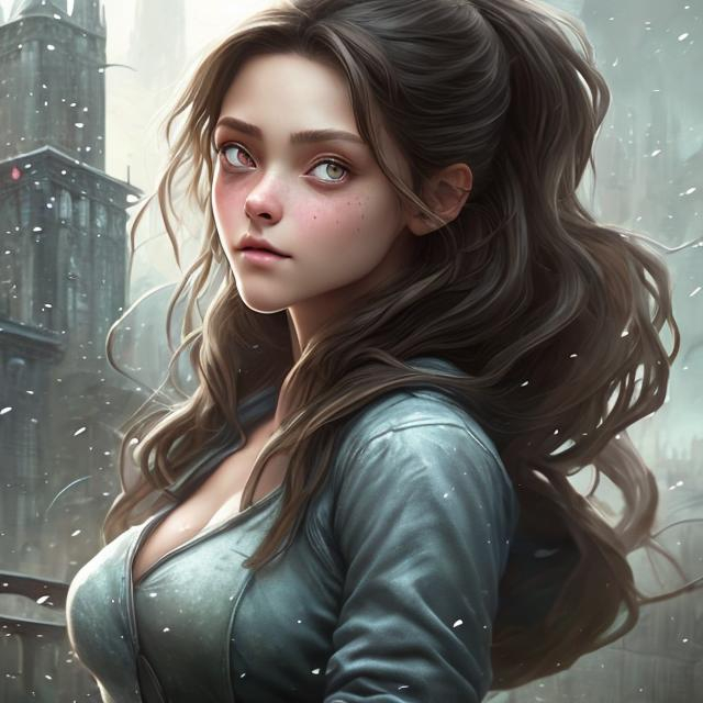 Prompt: There is a fantasy maiden, beautiful, with a piercing gaze, she has soft green eyes and brown hair.. small eyes, small lips, no makeup. photorealistic. She is dressed in modern clothes. Epic, romantic fantasy painting. Super detailed painting. Detail oriented around the face and eyes.