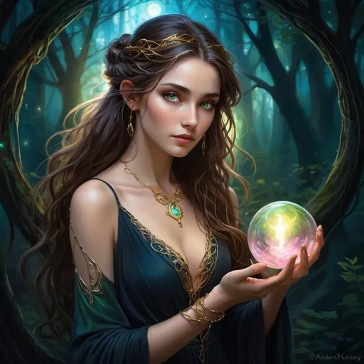 Prompt: Enchanting fantasy maiden with elvish features, pointed ears, captivating gold eyes, flowing brown brunette hair, long and wavy, delicate hands holding a swirling orb in golden, blue, pink, and green hues. Dark, shadowy forest backdrop illuminated by the orb's light, revealing glowing lights fluttering around. Tangled locks cascading around her shoulders, adorned with charms, multiple bracelets, and a black mourning gown dress. Exuding an impish aura, reminiscent of a storybook illustration, set in the nighttime ambiance. Fantasy painting, image, digital art, beautiful, elegant, stunning