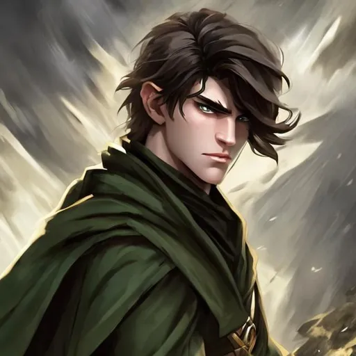 Prompt: There is a fantasy young man, handsome, with a square, masculine jaw and a determined look on his face, he has green eyes and medium length brown hair, that covers one eye. He looks serious, cautious. He is dressed in a fantasy ranger cloak. His hair comes down over his eyes.