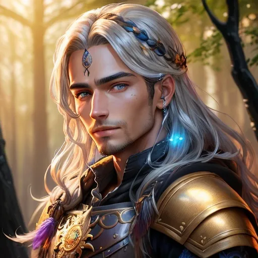 Prompt: ink painting, D&D fantasy, tanned-skinned-human male, tanned-skinned-male, ((handsome detailed face and  eyes)) Paladin, perfect rugged face, long brown hair, and with vibrant blue eyes and a slight grin looking at the viewer, wearing intricate magical plate mail, in a forest, intricate hyper detailed hair, intricate hyper detailed eyelashes, intricate hyper detailed shining pupils #3238, UHD, hd , 8k eyes, detailed face, big anime dreamy eyes, 8k eyes, intricate details, insanely detailed, masterpiece, cinematic lighting, 8k, complementary colors, golden ratio, octane render, volumetric lighting, unreal 5, artwork, concept art, cover, top model, light on hair colorful glamourous hyperdetailed medieval city background, intricate hyperdetailed breathtaking colorful glamorous scenic view landscape, ultra-fine details, hyper-focused, deep colors, dramatic lighting, ambient lighting god rays, | by sakimi chan, artgerm, wlop, pixiv, tumblr, instagram, deviantart