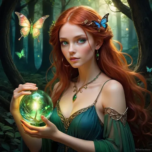 Prompt: Enchanting fantasy maiden with elvish features, pointed ears, captivating green eyes, flowing red hair, long and wavy, delicate hands holding a swirling orb in golden, blue, pink, and green hues. Dark, shadowy forest backdrop illuminated by the orb's light, revealing glowing pixies with butterfly wings fluttering around. Tangled locks cascading around her shoulders, adorned with charms, multiple bracelets, and a green dress matching her eyes. Exuding an impish aura, reminiscent of a storybook illustration, set in the nighttime ambiance.