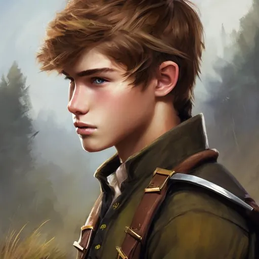 Prompt: head portrait of a teenaged fantasy ranger wearing huntsman's clothes. Light brown hair. Handsome. Epic painting