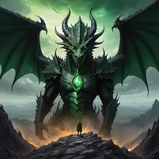 Prompt: Enormous humanoid figure, dragon scales, dragon head, black tattered wings filling the sky, green glistening eyes, evil aura, two horns, emerald ring, standing atop a desolate, charred mountain called the Whisperlands, epic fantasy portrait, storybook style, detailed and intricate design, dark and dramatic lighting, vibrant greens and golds, ominous atmosphere. Oil on canvas, digital art, fantasy painting, like something out of a storybook