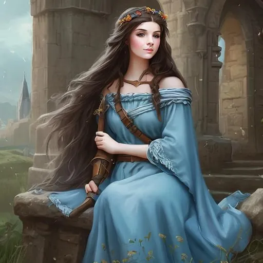 Prompt: fantasy brunette maiden long hair wearing a modest simple blue dress
medieval enchanting painting