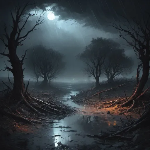 Prompt: Melancholic fantasy landscape, transition from light to darkness, symbolic representation of lost love, emotional turmoil, tears turning into rain, shattered illusions, desolate atmosphere, poetic inspiration, digital painting, intricate details, surreal elements, contrasting color palette of light and dark shades, dramatic lighting effects, evocative and haunting ambiance, no specific artist, Artstation.
