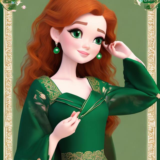 Prompt: Elegantly dressed lady, emerald evening gown, ginger hair in an uodo, pretty makeup, facial closeup, in a cartoon style