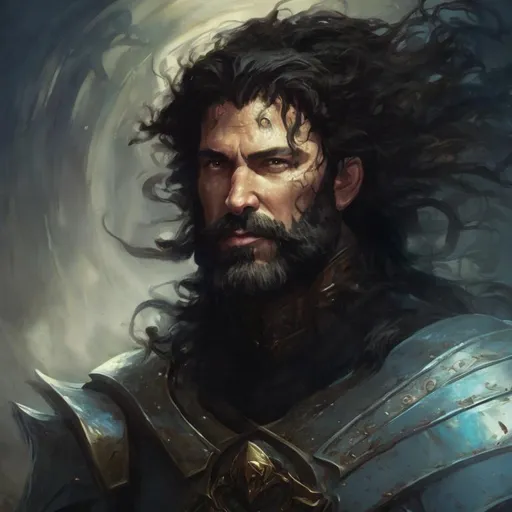 Prompt: A fantasy man, age 39. dressed in armor. dark hair and beard. noble, honorable. Epic painting