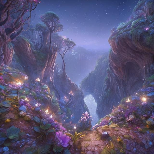 Prompt: a crevice in the ground, and open ravine. Growing on the side of the cliff are glowing, crystal, huge ethereal silver light flowers, opening slowly. It is a romantic, beautiful, magical, night. Ethereal land. The rocks have glowing cracks running through them.  a Fairy star island. Nature, beauty. There are fairies sitting on the flowers, dancing, laughing. Glowing moss, foxfire moss on the rocks. 