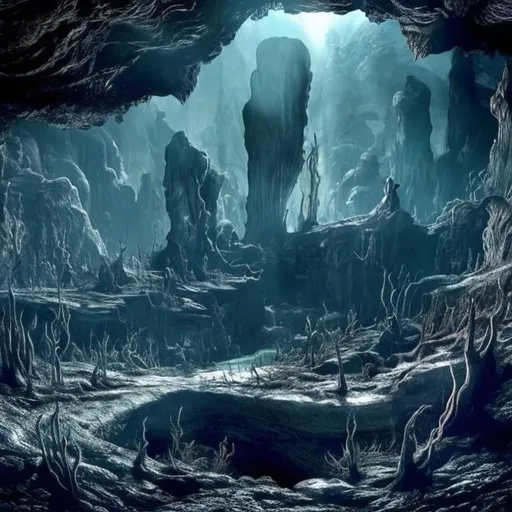 Prompt: Deep in a cavern in the ground, there is a place where silver rocks grow. A river flows through the cavern at the bottom, cool water. There lies a glass coffin in the cavern, with cracks running through the glass surface. Fantasy image, super detailed, hyperrealistic, photorealistic. 