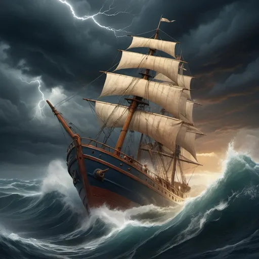Prompt: Brave sailor on a stormy sea, ship battling fierce waves, dark skies and lightning, determined expression, ship's sails billowing in the wind, sharks circling in the water, dramatic waves crashing against the vessel, intense atmosphere, epic adventure, high seas quest, treasure hunt, unsinkable spirit, defiance against the elements, digital illustration, dynamic composition, powerful emotions, golden hour lighting, artistically detailed, turbulent waters, heroic stance, perseverance, Artstation