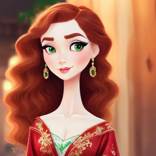 Prompt: Elegantly dressed lady, emerald evening gown, ginger hair in an uodo, pretty makeup, facial closeup, in a cartoon style