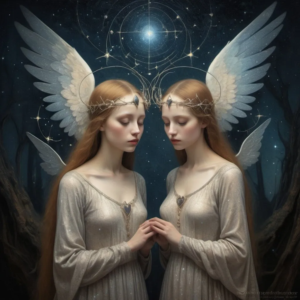 Prompt: Sisters under a starlit sky, hearts intertwined with constellations, descending into abyssal depths, wings adorned with tears of angels, ethereal glow, celestial pathway, cosmic journey, lost souls seeking solace, blindfolded sister guided by spectral light, torva essence, mystical realm, haunting beauty, intricate details, surreal atmosphere, dark and light contrasts, emotional depth, by Remedios Varo and Odilon Redon, Artstation.  Try
