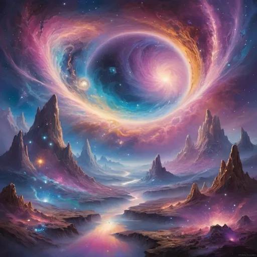 Prompt: A mesmerizing cosmic odyssey unfolds, featuring a celestial vista teeming with ethereal entities and interconnected spirits. The scene is a symphony of swirling galaxies and radiant star clusters, enveloped in a mystical aura that transcends reality. Vibrant nebulae paint the cosmic canvas with hues of cosmic blues, purples, pinks, and golds, creating a surreal atmosphere of cosmic harmony. Ethereal beings traverse this cosmic landscape, resonating with profound emotional connections and weaving a tale of interconnected souls. Futuristic elements subtly enhance the scene, adding a touch of otherworldly charm to the intricate details. Mesmerizing light effects dance across the composition, illuminating glowing celestial bodies and enhancing the storytelling with a cosmic lighting scheme. This digital masterpiece is crafted with high-resolution precision, showcasing the artistry of a cosmic journey through the boundless wonders of the universe. 