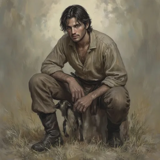 Prompt: (melancholy expression), goat herder, (handsome face), attractive features, medium length dark hair, wearing a simple woolen shirt, medieval boots, strong and tall physique, fantasy setting, (epic aesthetic), beautiful details, ethereal background with soft lighting, rich colors, dramatic shadows, oil painting style, (masterpiece quality), conveying a sense of longing and introspection.