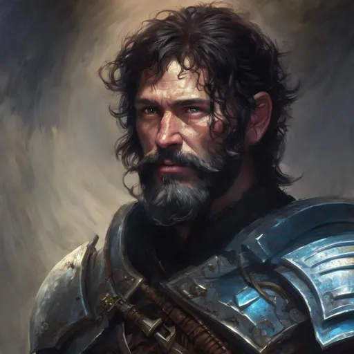 Prompt: A fantasy man, age 39. dressed in armor. dark hair and beard. noble, honorable. Epic painting