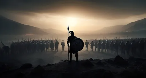 Prompt: photorealistic wallpaper silhouette of a spartan standing with his spear and shield on a battlefield facing hundreds of enemy soldiers alone