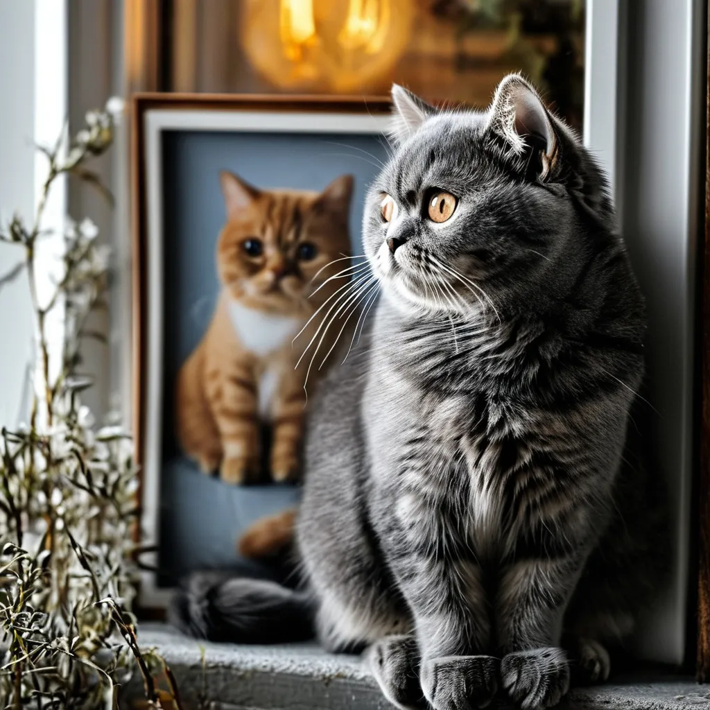 Prompt: a grey british short hair cat is sitting on a shelf with a picture of a cat on it's shelf and a picture of a cat on the shelf