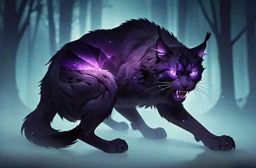 Prompt: Giant ferocious (Cat), large purple crystal shards protruding from its back, (sharp fangs), dark purple fur, black slit-cat eyes, fantasy style, dark color scheme, shadowy atmosphere, mystical and ominous vibe, low ambient light with eerie purple glows, ultra-detailed fur texture, intricately detailed crystals, smoky and misty fog in the background surrounding a dense enchanted forest, 4K.