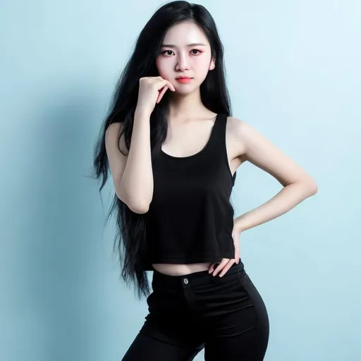 Prompt: woman with black long hair and have blue eyes and wear a blue tank top and wear a black long pants inside a white background