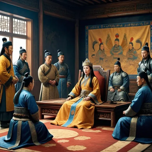 Prompt: A royal court where Genghis Khan’s daughter is the center of attention, presiding over foreign envoys, her husband’s kingdom kneeling before her.
The room is filled with cultural elements from both Mongol and foreign lands, emphasizing her dominance as a ruler, hyper realistic