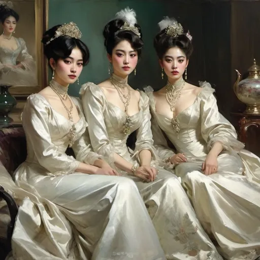 Prompt: A portrait of three wealthy, beautiful asian beauties sisters, richly dressed, and poised sisters sitting for a John Singer Sargent influenced painting, they are dripping in jewels and wear 1899 Victorian clothing. One resembles Jennie Kim, One resembles fan bing bing, and one resembles Kim Tae-hee