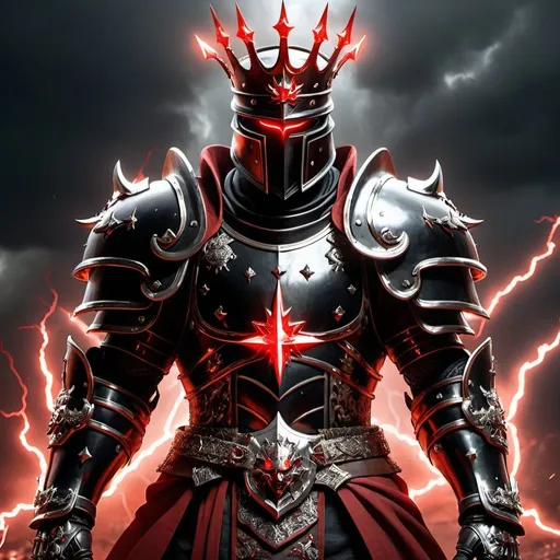 Prompt: elden lord holding red lightnings in his hands , full black armor, silver crown