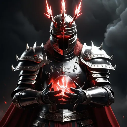 Prompt: elden lord holding red lightnings in his hands , full black armor, silver crown