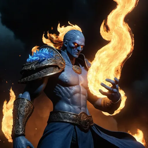 Prompt: the frenzied flame from elden ring as animation, blue fires, big sycthe in his right hand