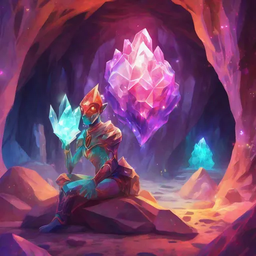 Prompt: A digital art of a fantasy character made out of crystal, with crystal protrousions all across their body, with a glowing heart, with bright colors, on the background of a cave. 