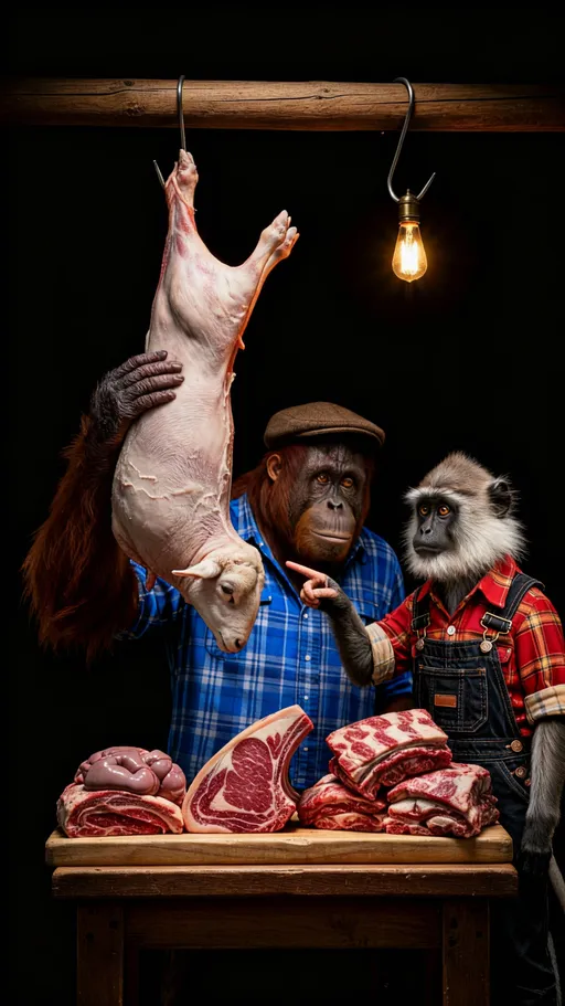 Prompt: A hyper-realistic scene of two farmers, one is a hyper-realistic orangutan wearing a cap and blue shirt looking at the viewer from behind the lamb, bellow the light at the right, one is pointing the lamb with the finger. The other is a hyper-realistic farmer langur wearing a red shirt, black background, The skin is not smooth. Up close, it reveals a landscape of fine wrinkles and a distinct pore structure