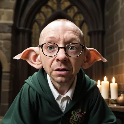 Prompt: Donnie Wahlberg's face on Dobbie the House Elf's body, performing magic at hogwarts. In the style of the Harry Potter books' covers

