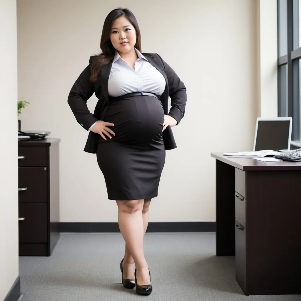 Prompt: A chubby and huge pregnant asian office woman in a dress shirt and pencil skirt with high heels with cleavage exposed