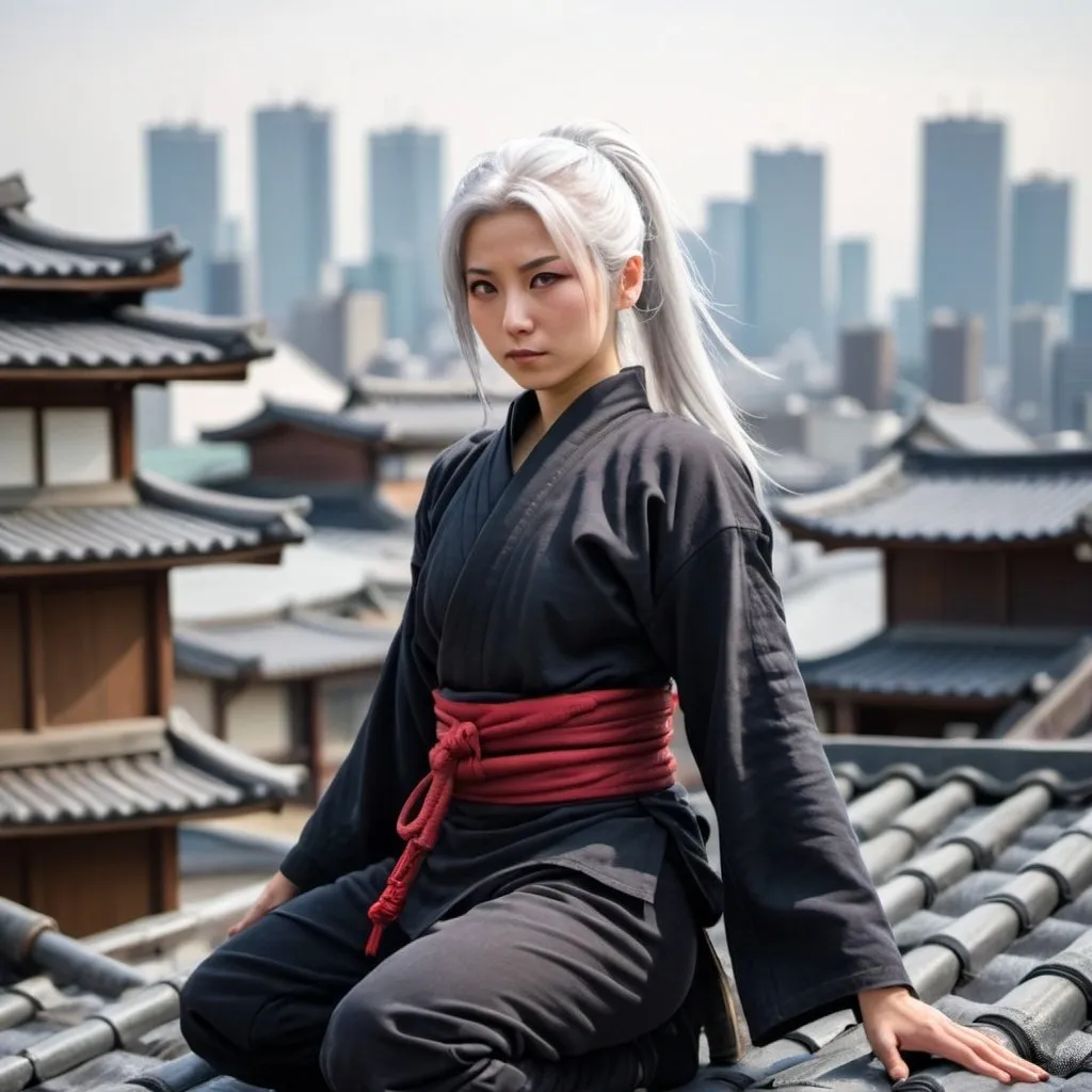 Prompt: Silver haired female ninja on a Japanese rooftop  