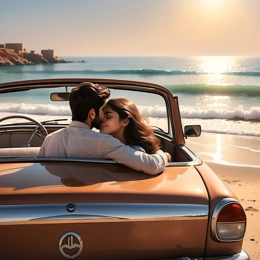 Prompt: (Parked Iranian Pride car), boy and girl in a tender embrace, (loving kiss), (serene beach) setting, bright and soft sunlight, (gentle waves) in the background, warm and inviting atmosphere, (smiles reflecting happiness and love), soft sea breeze flowing, ultra-detailed, high-quality image, cinematic depth, emotional and romantic ambiance.