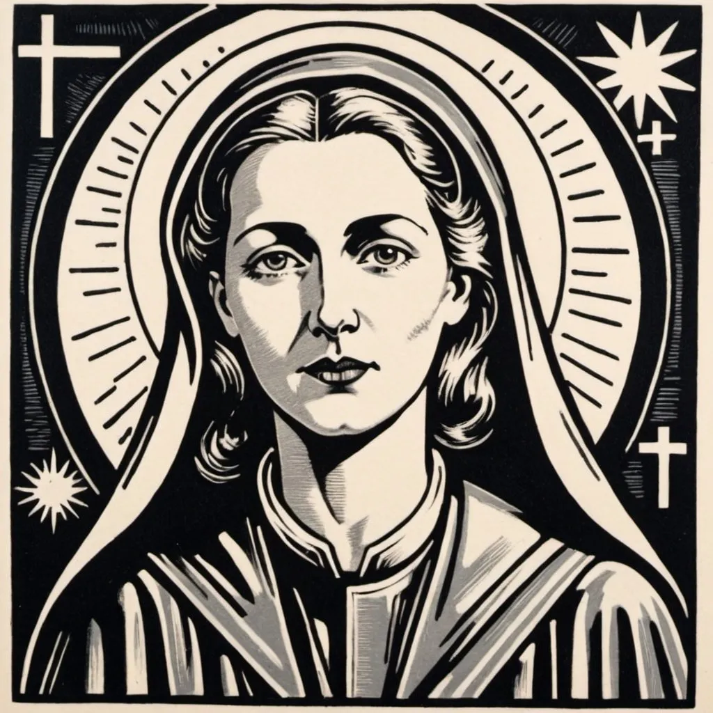 Prompt: A linocut of a female saint in the 1940s, she is a medical doctor in chicago, she is pretty